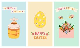 gelukkig Pasen groet kaarten, Pasen ei, envelop met bloemen, taart met engel. illustratie voor achtergronden en verpakking. beeld kan worden gebruikt voor kaarten, affiches. geïsoleerd Aan wit achtergrond. vector