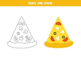 spoor en kleur tekenfilm pizza plak. afdrukbare werkblad voor kinderen. vector