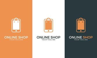online winkel logo ontwerp inspiratie. mobiele telefoon met boodschappen doen zak vector