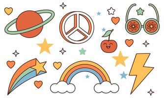 sticker pak groovy hippie jaren 70 set. modieus retro psychedelisch tekenfilm stijl vector