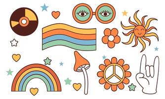 sticker pak groovy hippie jaren 70 set. modieus retro psychedelisch tekenfilm stijl vector