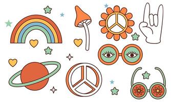 sticker pak groovy hippie jaren 70 set. modieus retro psychedelisch tekenfilm stijl vector