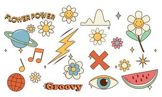 sticker pak groovy hippie jaren 70 set. modieus retro psychedelisch tekenfilm stijl vector