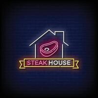 neon teken steak huis met steen muur achtergrond vector