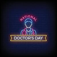 neon teken nationaal dokter dag met steen muur achtergrond vector