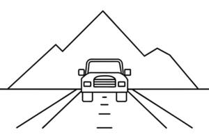 voorkant visie van single vrachtauto Aan weg naar berg, lijn kunst, vector illustratie