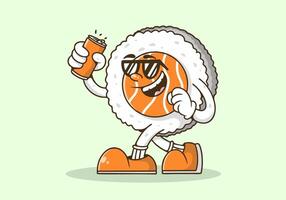 mascotte karakter illustratie van wandelen sushi Holding een bier kan. oranje kleur vector