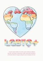 wereld kaart in lijn kunst en hart vorm met regenboog kleuren en formulering van lgbtq, voorbeeld teksten Aan wit papier patroon achtergrond. poster van lgbt trots maand in vector ontwerp