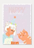 stijlvolle kaart met een schattig meisje en een grappige kat. gelukkige verjaardag belettering. wenskaart in plat design met dieren. vectorillustratie. alle objecten zijn geïsoleerd vector