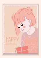 stijlvolle kaart met een lachend schattig klein meisje met een cadeau. gelukkige verjaardag belettering. wenskaart in plat design met dieren. vectorillustratie. alle objecten zijn geïsoleerd vector