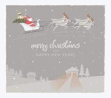 vrolijke kerstkaart met de slee van de kerstman en rendieren die in de lucht boven sneeuwhuizen vliegen. platte ontwerp wenskaart. vector hand getekende illustratie