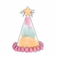 een tekening hand geschilderd waterverf verjaardag hoed met een ster Aan top. de hoed is levendig en kleurrijk, perfect voor vieren speciaal gelegenheden vector
