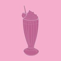 een hand getekend illustratie van een roze milkshake, compleet met een rietje en geslagen room, reeks tegen een zacht roze achtergrond vector