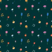 voorjaar wilde bloemen naadloos patroon met hand- getrokken tekenfilm bloemen elementen Aan donker groen achtergrond voor behang, afdrukken, omhulsel papier, achtergronden, enz. eps 10 vector