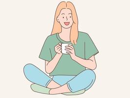 vrouw zittend ontspannende terwijl drinken koffie vector illustratie