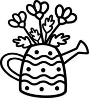 vector illustratie van gieter blikjes in de het formulier van een vaas met voorjaar bloemen tulpen, madeliefjes, pioenrozen. zwart en wit schets. schattig seizoensgebonden voorjaar bloem illustratie voor tuinieren, clip art