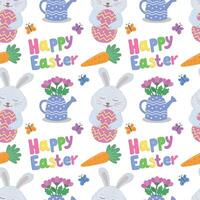 naadloos patroon met bloemen, eieren en konijnen voor Pasen, vector illustratie. Pasen vector patroon met konijn, vlinder, eieren.