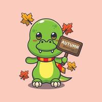 schattig dino met herfst teken bord. vector