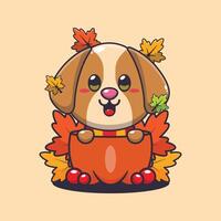 schattig hond in een pompoen Bij herfst seizoen. vector