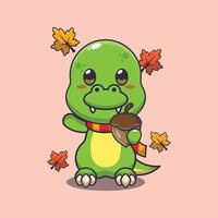 schattig dino met eikels Bij herfst seizoen. vector