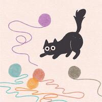 vlak ontwerp vector schattig kawaii zwart kat spelen met garen