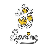 bloemen en belettering de lente. schattig voorjaar icoon in tekening stijl vector