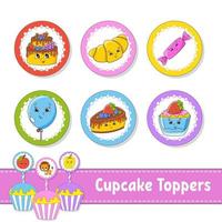 cupcake toppers. set van zes ronde foto's. stripfiguren. schattig beeld. voor verjaardag, feest, babydouche. vector