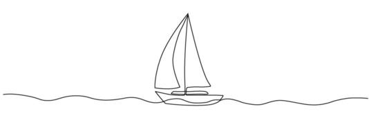 zeilboot in een doorlopend bewerkbare lijn. abstract silhouet van zee visvangst boot. concept van zee reizen Aan een jacht. symbool van toerisme bedrijf idee. vector illustratie in gemakkelijk lineair stijl