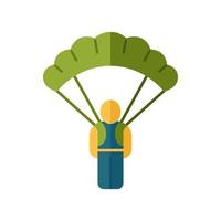 parachute skydiver platte ontwerp lange schaduw kleur pictogram. inventaris van virtuele videogames. parachutespringen, parachutespringen. game-speler, krijger, soldaat met parachute. cybersport. vector silhouet illustratie