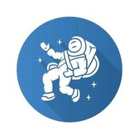 astronaut platte ontwerp lange schaduw glyph pictogram. ruimtevaarder. ruimte ontdekkingsreiziger. kosmonaut in de ruimte. man in ruimtepak. kosmische missie. reizen, avontuur, verkenning. vector silhouet illustratie