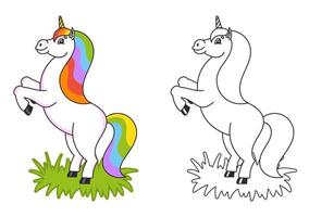 kleurboek voor kinderen. de magische eenhoorn groeide op. het dier paard staat op zijn achterpoten. cartoon-stijl. eenvoudige platte vectorillustratie. vector
