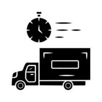 dezelfde dag levering glyph icoon. snelle verzendservice en postsysteem. express vrachtwagen. snel pakketvervoer. verzending, koeriersdienst. silhouet symbool. vector geïsoleerde illustratie