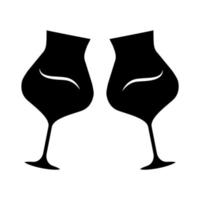 twee rammelende wijnglazen glyph icoon. glaasjes alcoholische drank. wijn dienst. feest. bruiloft. proeven, degustatie. geroosterd brood. Proost. silhouet symbool. negatieve ruimte. vector geïsoleerde illustratie