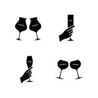 wijn service glyph pictogrammen instellen. rammelende glazen wijn. handen met alcoholische dranken. feest, feest. bruiloft. glaswerk, wijnmakerij. Proost. silhouet symbolen. vector geïsoleerde illustratie