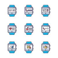 fitness tracker functies gekleurde pictogrammen instellen. polsband smartwatch mogelijkheden en wellness-diensten. het uitvoeren van gezondheidsapplicaties, het volgen van stappen, hartslag. geïsoleerde vectorillustraties vector