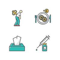 verkoudheid kleur iconen set. vermoeidheid en uitputting. vitamine c in schijfjes citroen. wegwerp doekjes. pak tissues. vaccinatie en immunisatie. gezondheidszorg. apotheek. geïsoleerde vectorillustraties vector