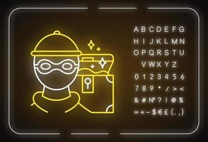 plunderende neonlichtpictogram. schatten Jager. artefact overval. crimineel in masker. open kist met goud. overval, inbraak. gloeiend bord met alfabet, cijfers en symbolen. vector geïsoleerde illustratie