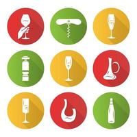 sommelier tools platte ontwerp lange schaduw glyph pictogrammen instellen. barman apparatuur. kurkentrekker, wijnbewaarder, karaffen. wijnmakerij, pub, restaurant bar glaswerk en servies. vector silhouet illustratie