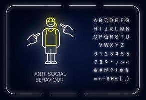 anti-sociaal gedrag neonlicht icoon. intimidatie en pesterijen. tiener depressie. agressief publiek. mentale stoornis. gloeiend bord met alfabet, cijfers en symbolen. vector geïsoleerde illustratie