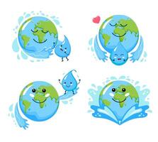 Internationale water dag. wereld water dag. planeet aarde en water druppel. reeks van schattig karakters. vector