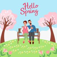 voorjaar natuur groet kaart sjabloon. bloeiend park en paar Aan bank, bomen in bloeien. vector illustratie voor sociaal media na, ansichtkaart of omslag.