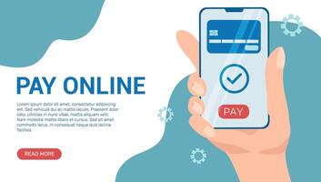 betalen online vector banier sjabloon. betaling voor goederen en Diensten via de smartphone app. online bank onderhoud. vector illustratie - een hand- met smartphone.