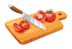gesneden tomaten met mes Aan houten snijdend bord. vector illustratie geïsoleerd Aan wit achtergrond