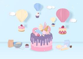 pastel taart en toetje met ballonnen vector