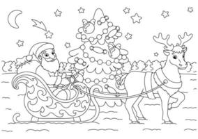 de kerstman draagt kerstcadeautjes op een rendierslee. kleurboekpagina voor kinderen. stripfiguur in stijl. vectorillustratie geïsoleerd op een witte achtergrond. vector