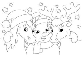 eenhoorn, herten en sneeuwpop voor Kerstmis. kleurboekpagina voor kinderen. stripfiguur in stijl. vectorillustratie geïsoleerd op een witte achtergrond. vector