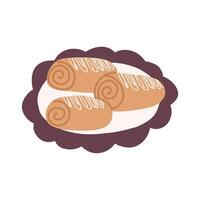 hand- getrokken kaneel broodjes Aan bord, tekenfilm vlak vector illustratie geïsoleerd Aan wit achtergrond. schattig kaneel in gemakkelijk tekening stijl. concepten van bakkerij, zoet voedsel en gebakje.