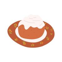hand- getrokken cinnabon Aan bord in schattig tekenfilm vlak stijl, vector illustratie geïsoleerd Aan wit achtergrond. smakelijk kaneel rollen. concepten van bakkerij, nagerecht, zoet voedsel en gebakje.