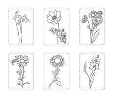 reeks van 6 bloemen vector illustratie. botanisch bloemen schets met bladeren, geïsoleerd Aan wit achtergrond. bloemen voor lente, zomer ontwerp of kleur boek.