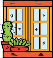 hand- getrokken venster en cactus in vlak stijl vector